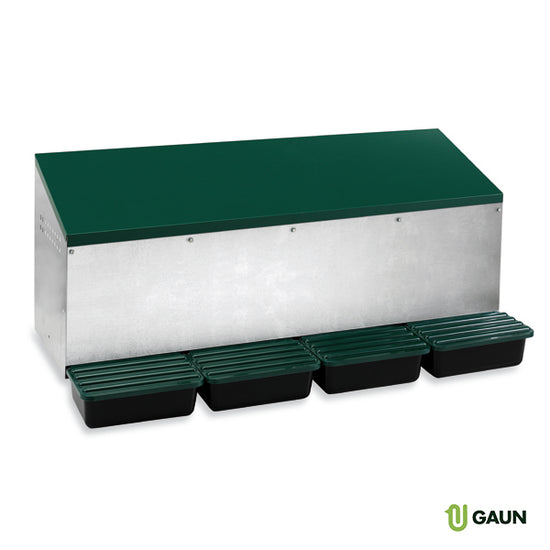 Väggmonterat värprede i metall och plast – 4 fack med äggrullning och äggplockning från baksidan