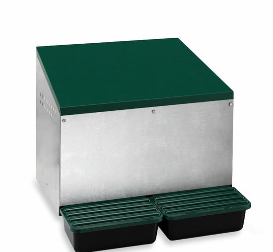 Väggmonterat värprede i metall och plast – 2 fack med äggrullning och äggplockning från baksidan