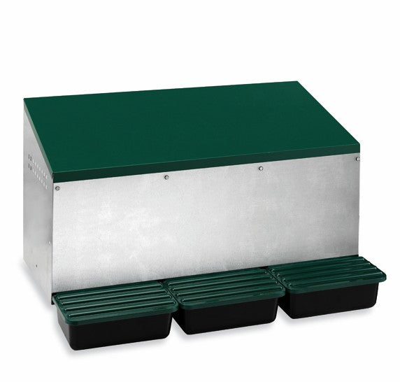 Väggmonterat värprede i metall och plast – 3 fack med äggrullning och äggplockning från baksidan